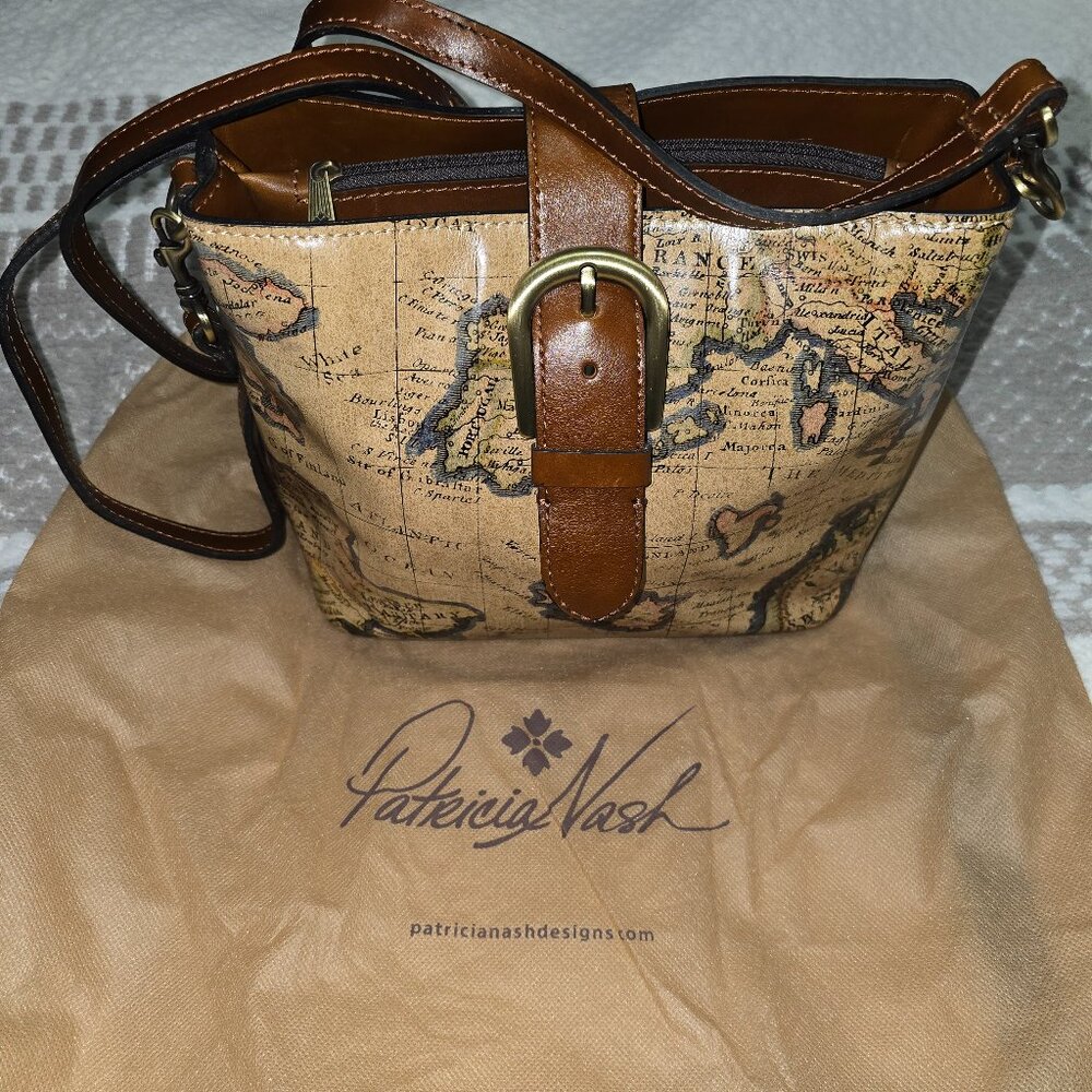 Patricia Nash Irving Leather Satchel with Crossbody Strap European Map